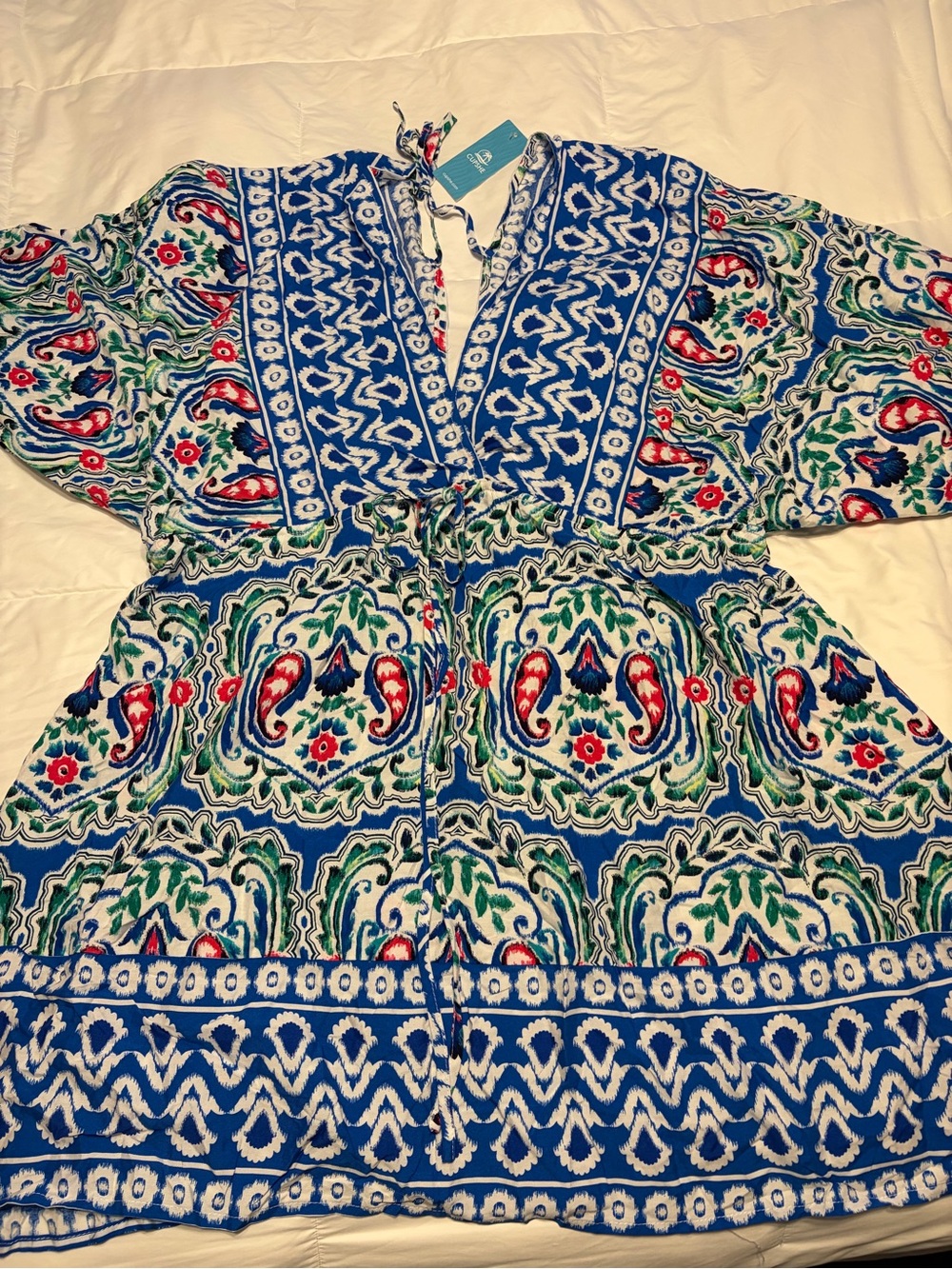 Cupshe Blue White Green Printed Swim Coverup with Red Accents